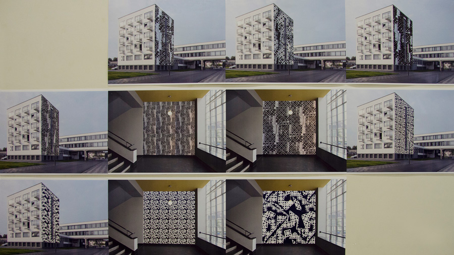 Ornament + Architektur: Das Bild zeigt experimentelle Visualisierungen im Aussen- und Innenraum - Bauhaus Dessau, 1925/26.