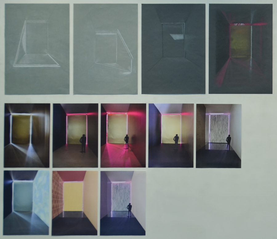 Farbe + Licht: Das Bild zeigt eine Reihe von Tonwertzeichnungen und Modellfotografien, die verschiedene Tageslichtsituationen in einem kleinen Raummodell dokumentieren.