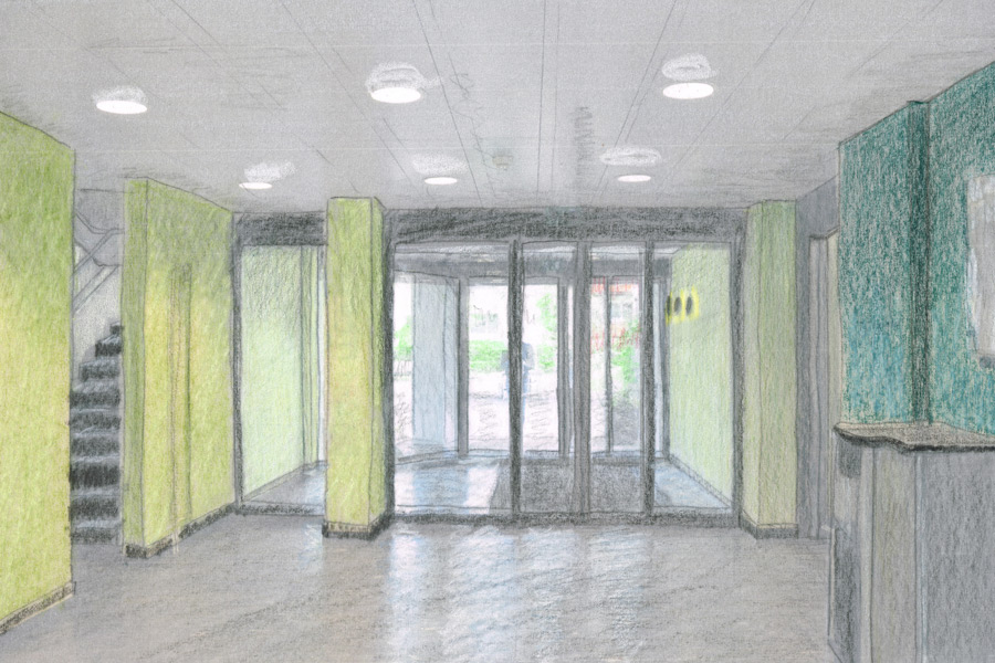 Farbgestaltung im Innenraum: Visualisierung (bearbeitete und kolorierte Fotografie) - Das Bild zeigt den Eingangsbereich zum Tageszentrum mit Blick zum Aussenteingang.