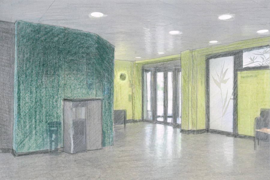 Farbgestaltung im Innenraum: Visualisierung (bearbeitete und kolorierte Fotografie) - Das Bild zeigt den Eingangsbereich mit Blick zum Südausgang und zum Eingang în den inneren Bereich des Tageszentrums Demenz.