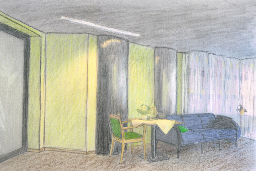 Farbgestaltung im Innenraum: Visualisierung (bearbeitete und kolorierte Fotografie) - Das Bild zeigt den grossen Aufentaltsraum des Tageszentrums Demenz mit Sitzecke und Sofa gemäss Farbkonzept.