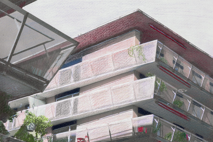 Farbgestaltung im Aussenraum: Visualisierung (bearbeitete und kolorierte Fotografie) - Ausschnitt eines Punkthauses von unten mit rubinroter Dachuntersicht.