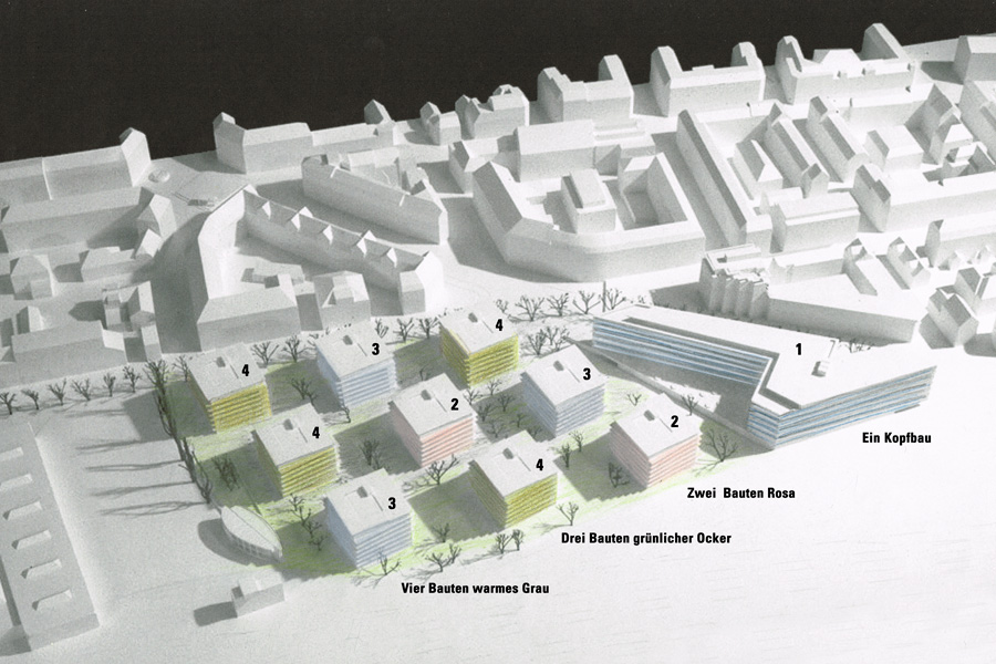 Farbgestaltung im Aussenraum: Das Bild zeigt die Farbverteilung bei den Bauten der Wohnsiedlung Röntgenareal (auf der Fotografie eines Modells der Wohnsiedlung).