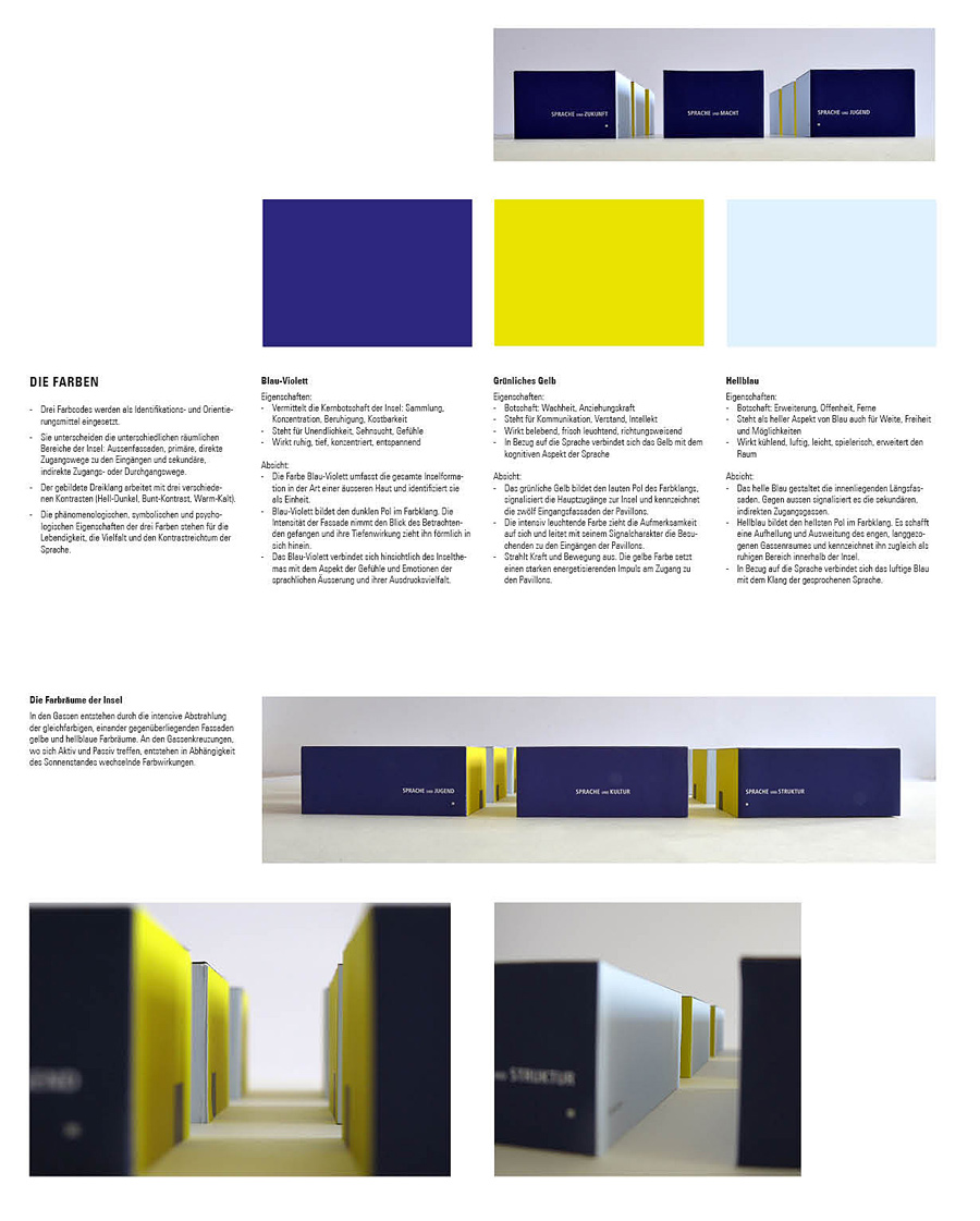 Farbe + Orientierung: Das Bild zeigt das Farbkonzept für die Fassaden der Themeninsel Sprache im Forschungscampus Fluidum - Zuordnung der drei Farbtöne Dunkelblau, Gelb und Hellblau - Plakatdarstellung und Raummodell
