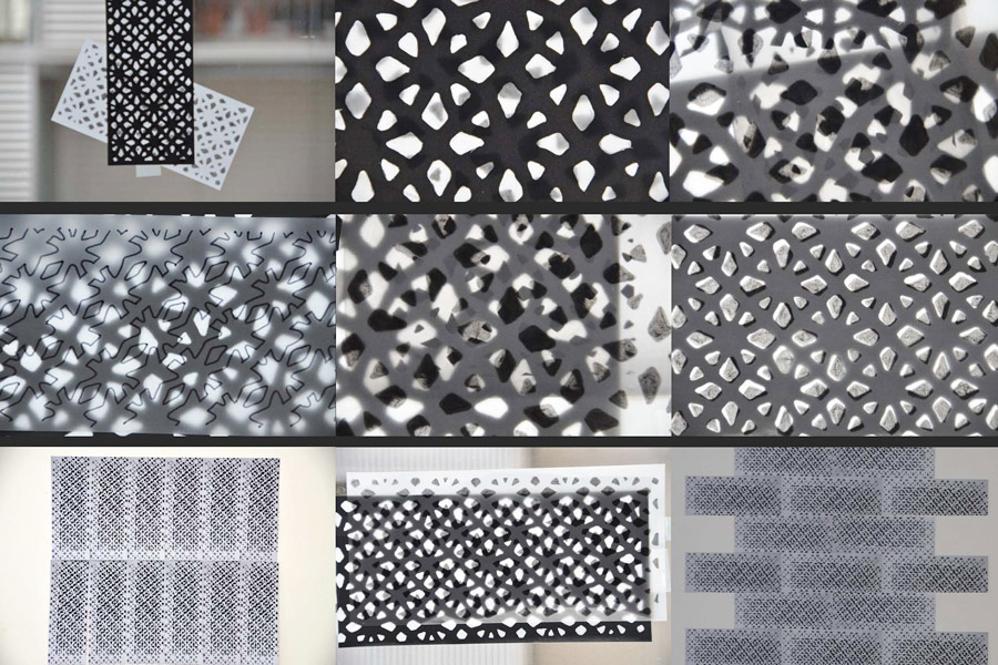 Ornament + Architektur: Das Bild zeigt den Auseinandersetzungsprozess mit dem ornamentalen Muster - Experimente mit Transparenz, Überlagerung, Verschiebung, Vervielfältigung.