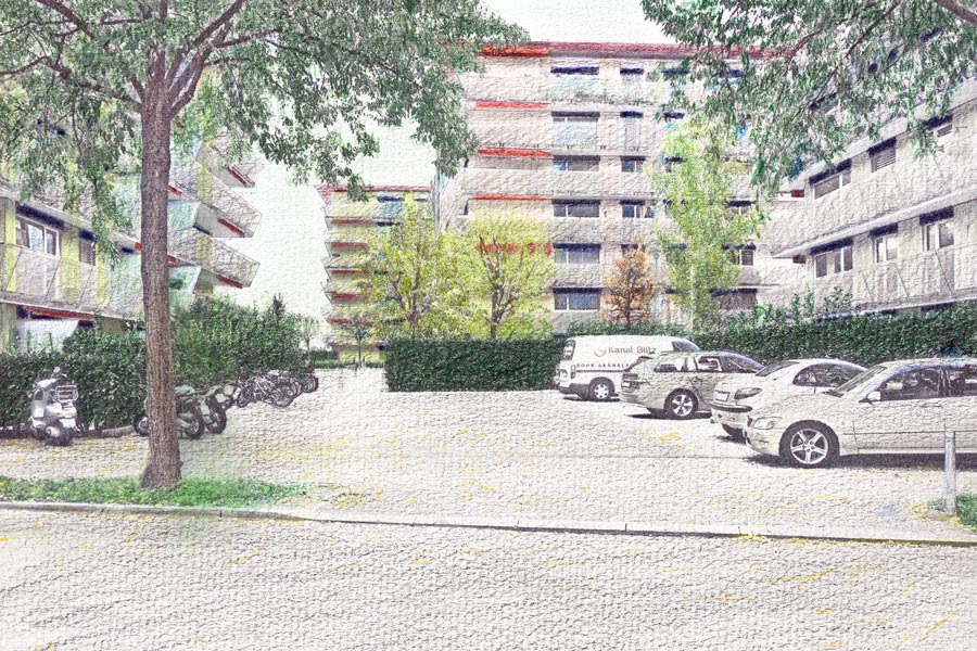 Farbgestaltung im Aussenraum: Visualisierung des Farbkonzepts (bearbeitete und kolorierte Fotografie) - Das Bild zeigt die Sicht auf Häuser der Wohnsiedlung vom Parkplatz aus.
