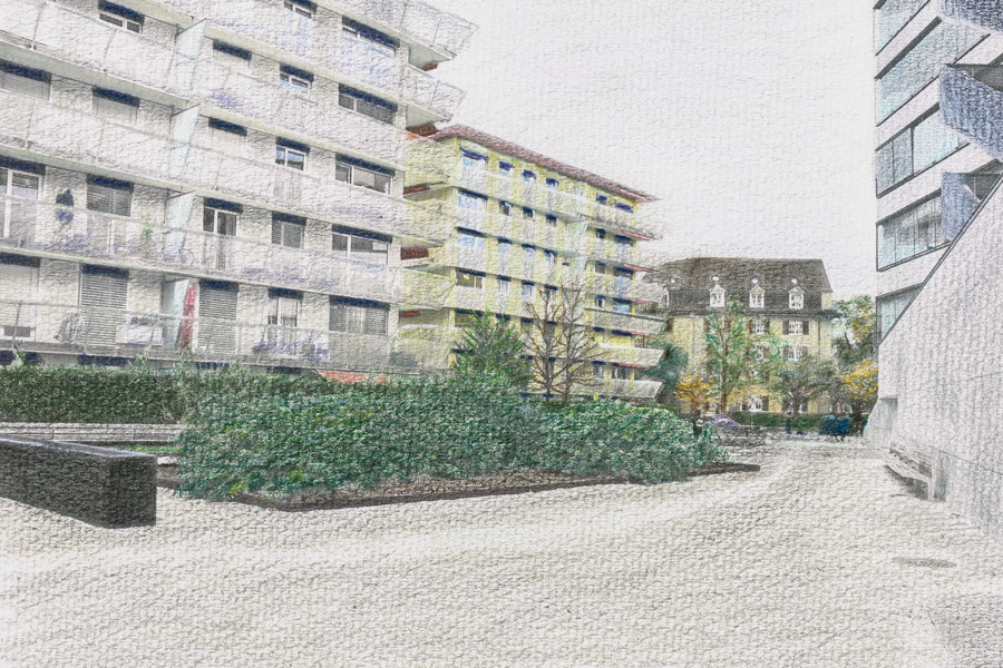 Farbgestaltung im Aussenraum: Visualisierung des Farbkonzepts (bearbeitete und kolorierte Fotografie) - Das Bild zeigt die Bauten am östlichen Rand der Wohnsiedlung.