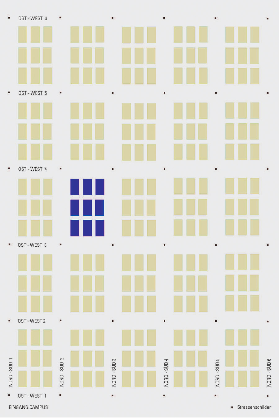 Farbe + Orientierung: Das Bild zeigt das Orientierungssystem für den Strassenraster im Forschungscampus Fluidum - Diagramm.